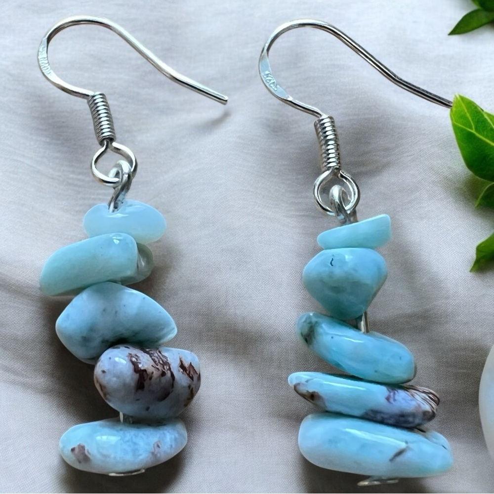 New Blue Larimar Stone Polished Chip Silver Hook Earrings